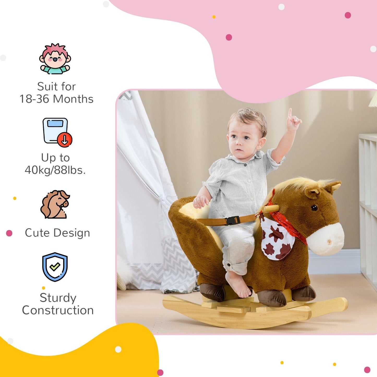 Qaba Baby Rocking Horse, Riding Horse, Plush Animal Rocker with Realistic Sound, Pedals for Ages 18-36 Months, Brown