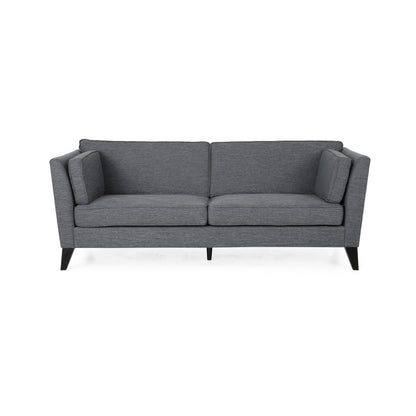 Canapé Reed, 2 coussins latéraux, revêtement en polyester gris, bois noir, 210 cm