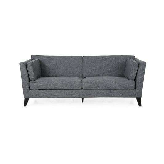 Canapé Reed, 2 coussins latéraux, revêtement en polyester gris, bois noir, 210 cm