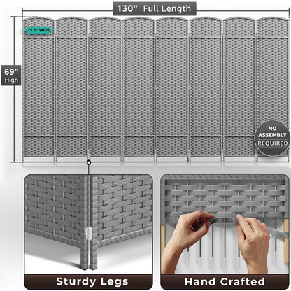 Room Divider Folding Privacy Screen Tall Partition Foldable Wall 8 Panel - 96” L x 19.50” W x 69” H