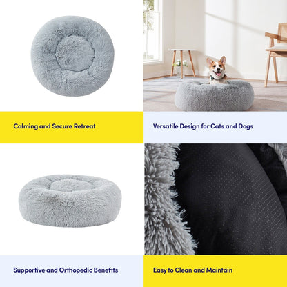 Round Calming Soft Warm Shaggy Plush Faux Fur Donut Pet Dog Cat Sleeping Bed