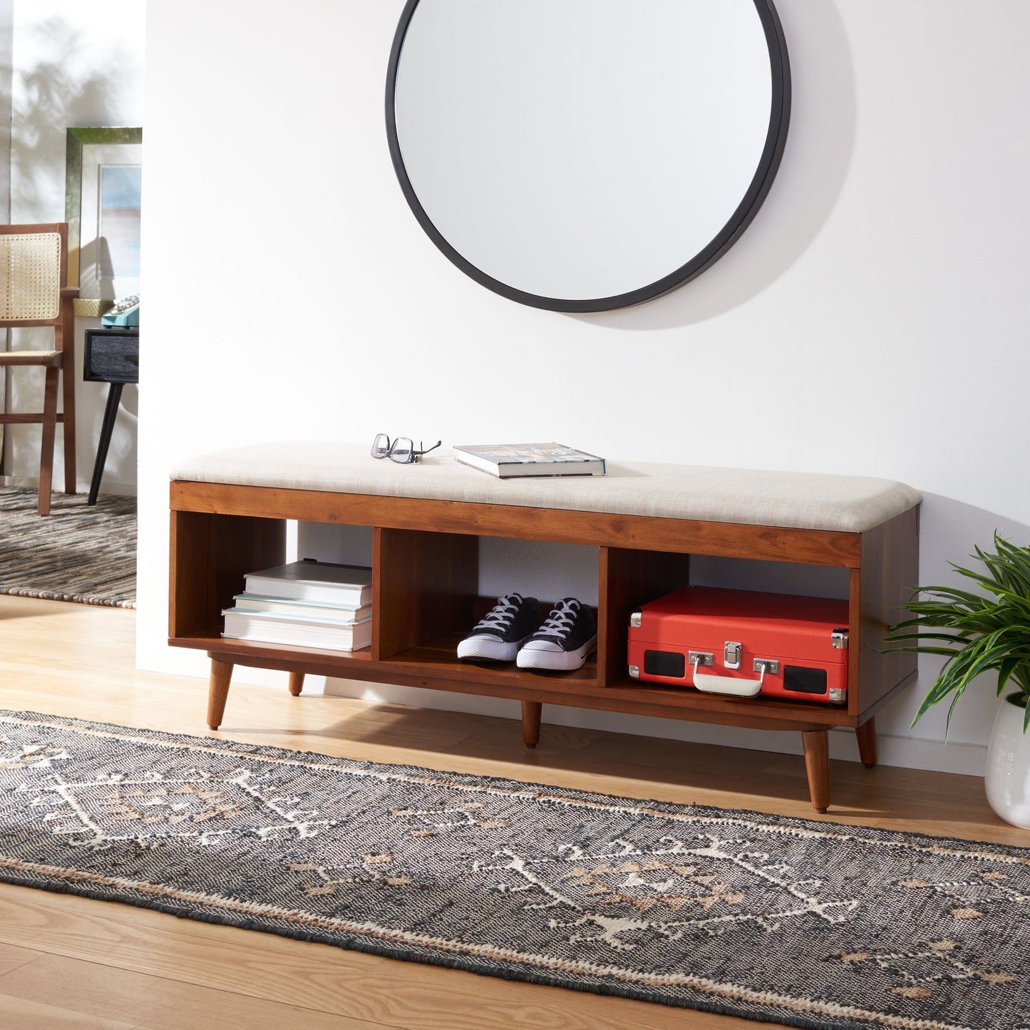 SAFAVIEH Margarita Mid-Century Modern Open Shelf Storage Bench w/Cushion - 48Wx14Dx18H
