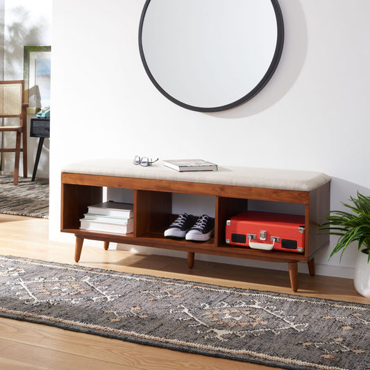SAFAVIEH Margarita Mid-Century Modern Open Shelf Storage Bench w/Cushion - 48Wx14Dx18H