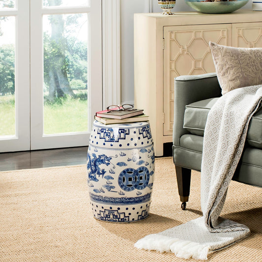 SAFAVIEH Tonje Dragon'S Breath Chinoiserie Blue Ceramic Decorative Garden Stool