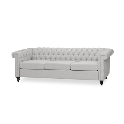 Canapé 3 places, tissu gris capitonné, 210 cm, accoudoirs évasés et roulés