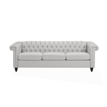 Canapé 3 places, tissu gris capitonné, 210 cm, accoudoirs évasés et roulés