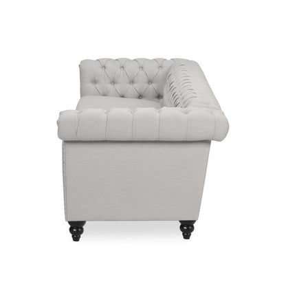 Canapé 3 places, tissu gris capitonné, 210 cm, accoudoirs évasés et roulés