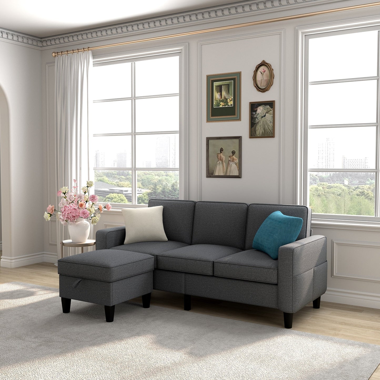 Canapé convertible modulaire et pouf en tissu doux - 53,50 x 77,50 x 33,00