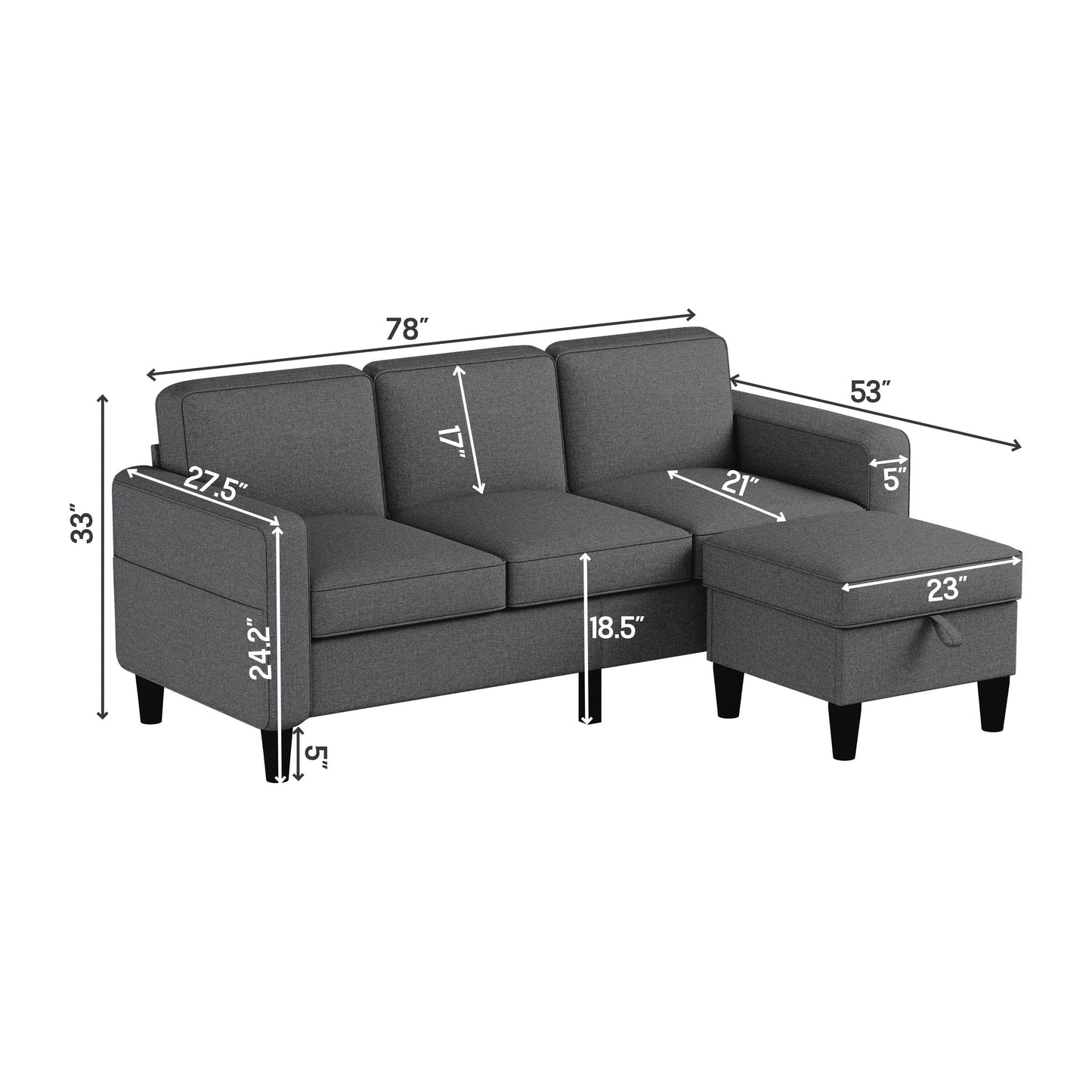 Canapé convertible modulaire et pouf en tissu doux - 53,50 x 77,50 x 33,00