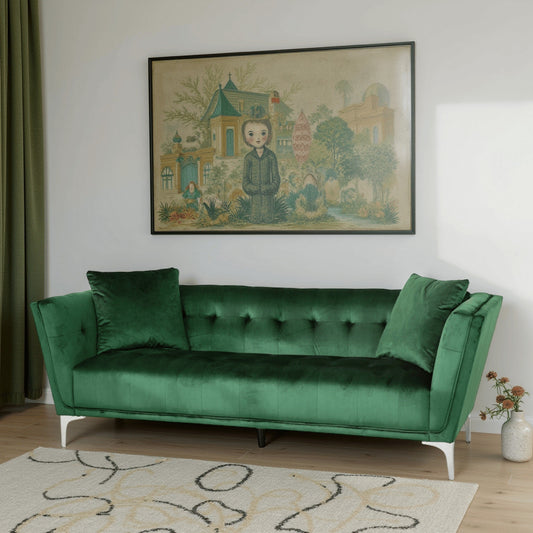 Canapé Sofy, Chesterfield moderne de 210 cm, velours vert émeraude avec 2 coussins