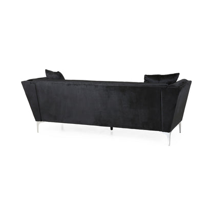 Canapé Sofy, Chesterfield moderne de 210 cm, velours noir élégant avec 2 coussins