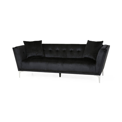 Canapé Sofy, Chesterfield moderne de 210 cm, velours noir élégant avec 2 coussins