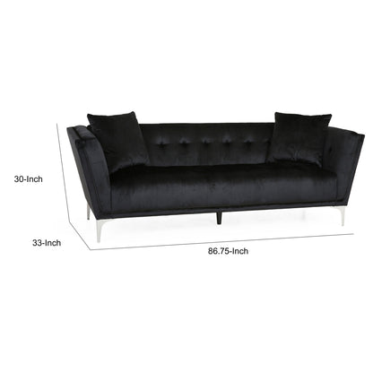 Canapé Sofy, Chesterfield moderne de 210 cm, velours noir élégant avec 2 coussins