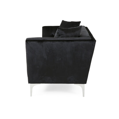 Canapé Sofy, Chesterfield moderne de 210 cm, velours noir élégant avec 2 coussins