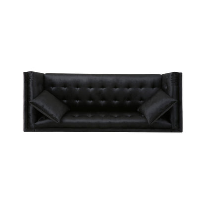 Canapé Sofy, Chesterfield moderne de 210 cm, velours noir élégant avec 2 coussins