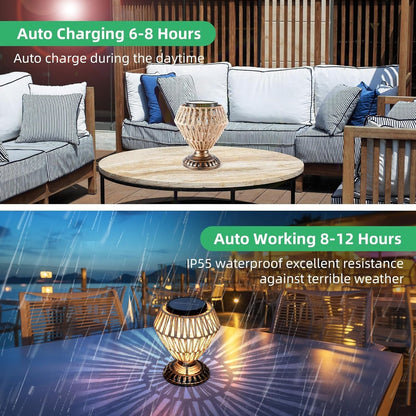 Solar Panel Rattan Woven Lights Dimmable Nightstand Desk Lamp Outdoor Indoor Decorative