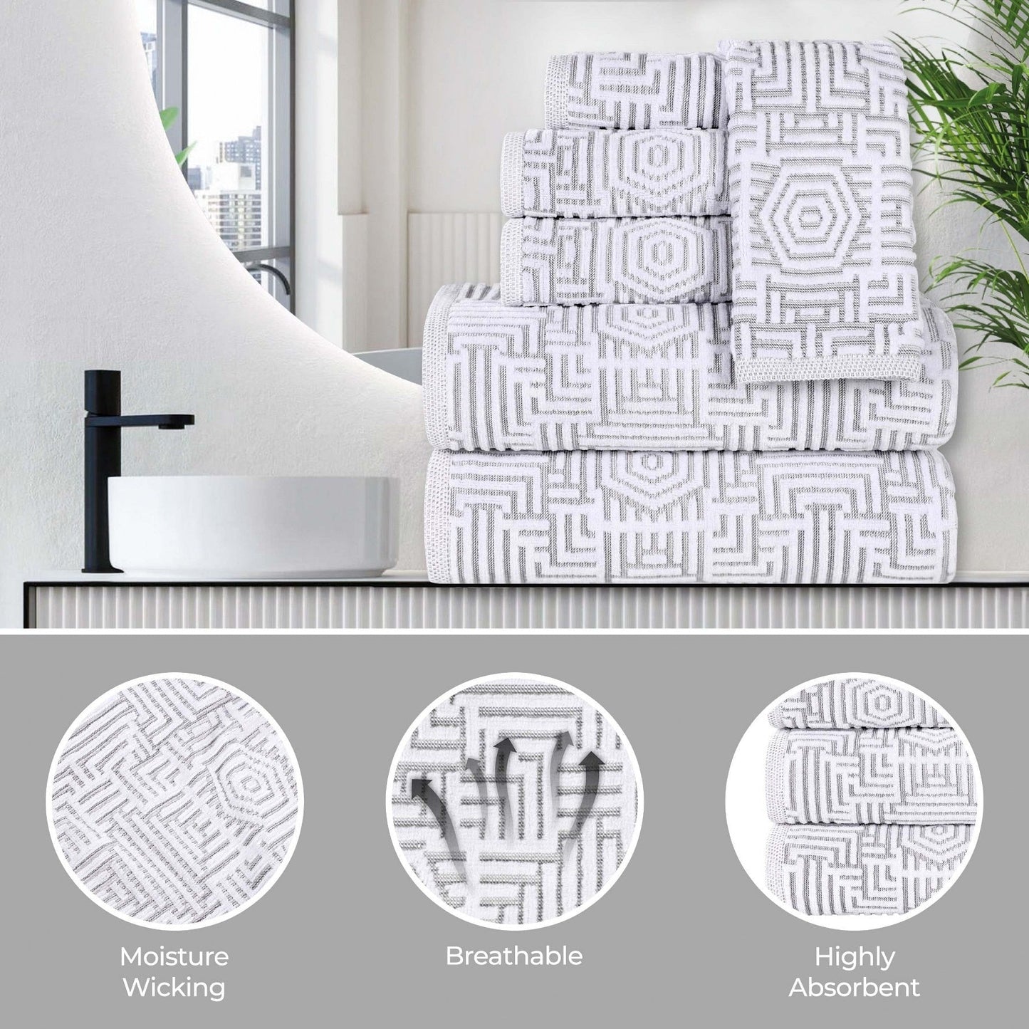 Superior Jasper Cotton Modern Jacquard Soft 3 Piece Bathroom Towel Set