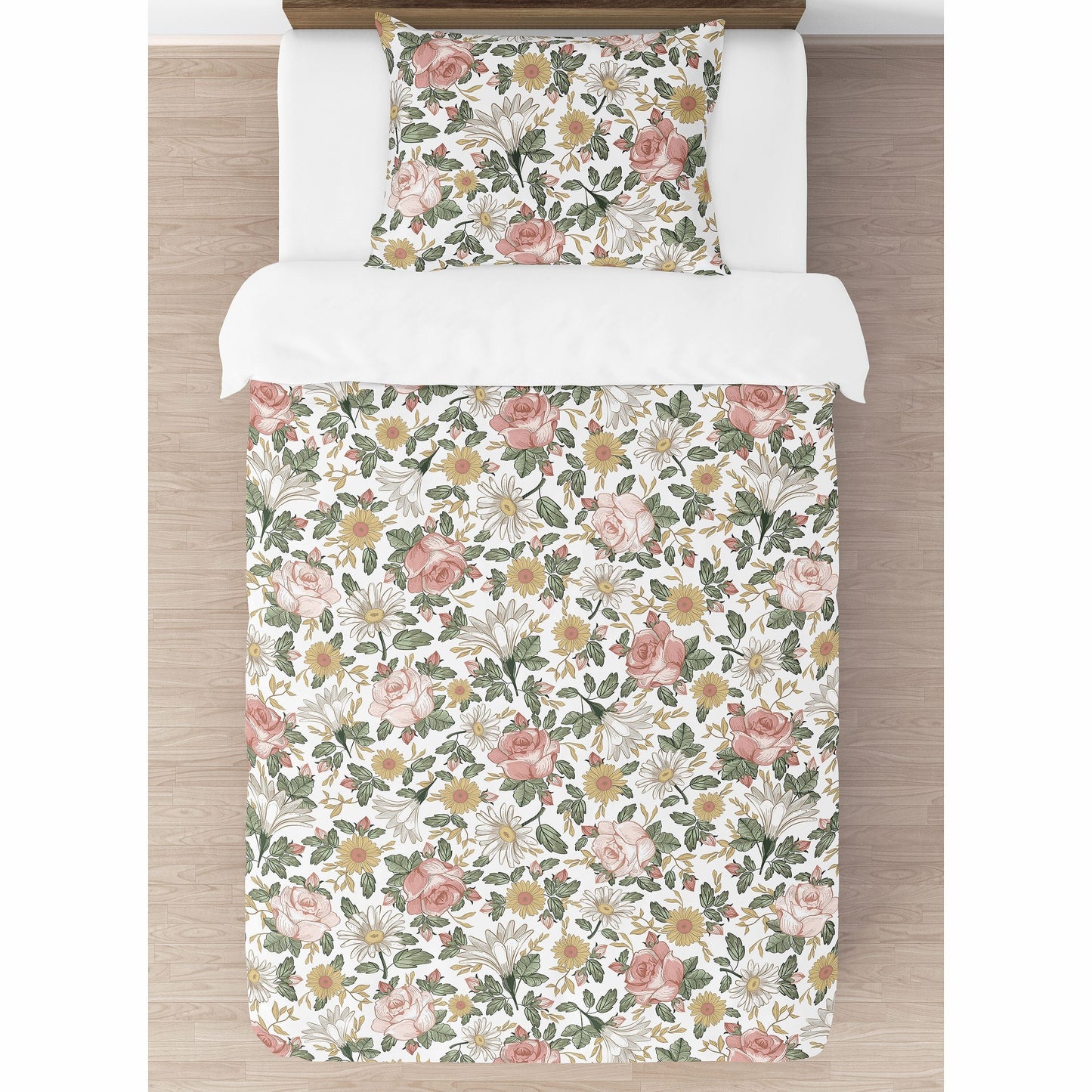 Sweet Jojo Designs Vintage Floral Boho Girl 2-piece Twin Comforter Set Blush Pink Yellow Green White Shabby Chic Rose Farmhouse