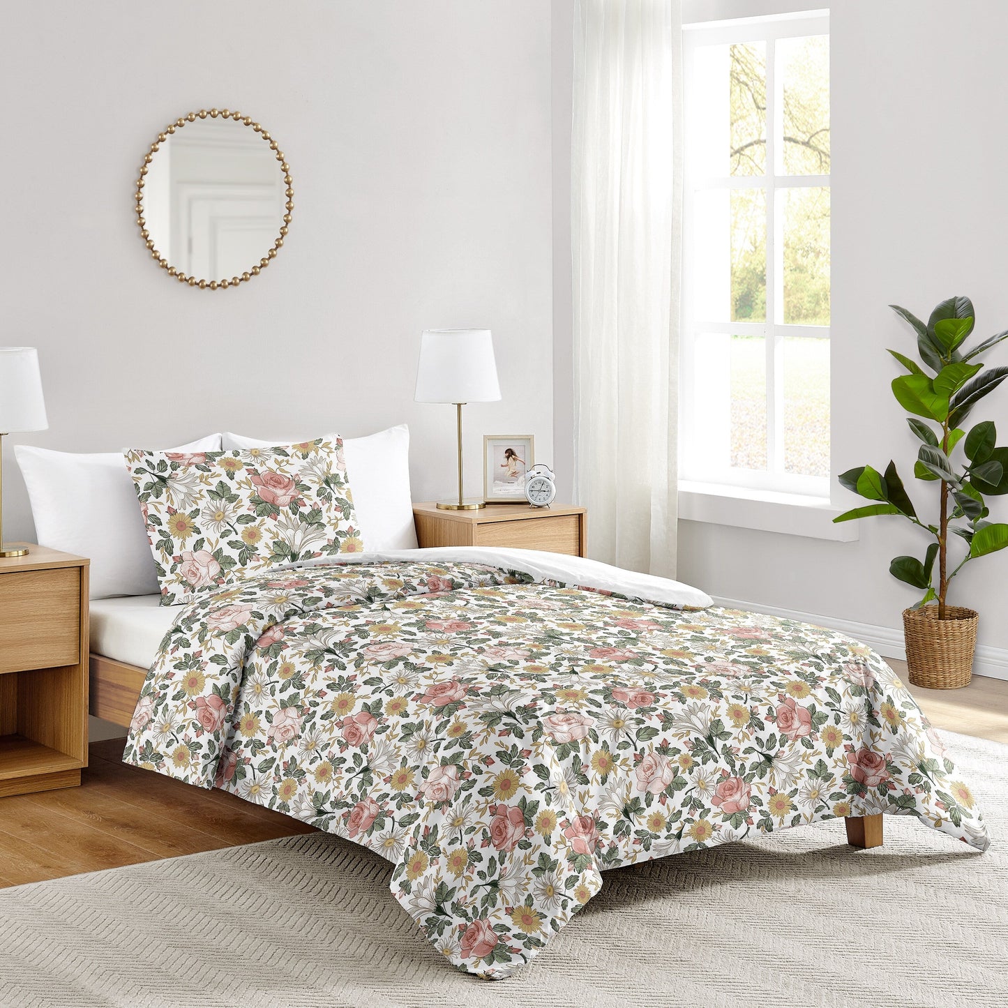 Sweet Jojo Designs Vintage Floral Boho Girl 2-piece Twin Comforter Set Blush Pink Yellow Green White Shabby Chic Rose Farmhouse