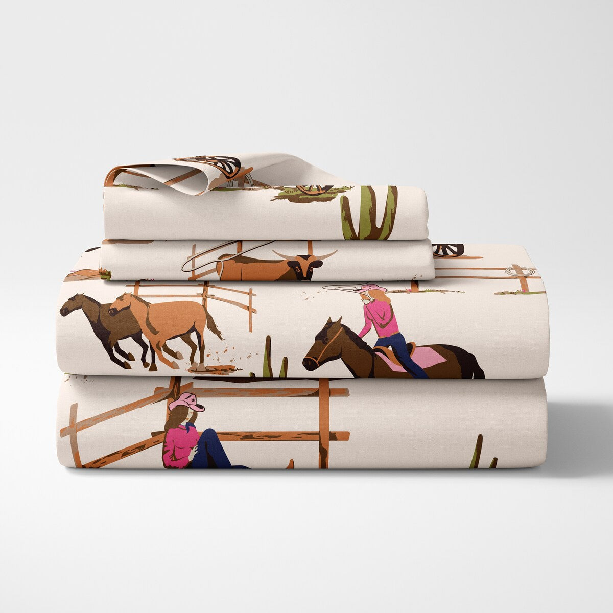 Sweet Jojo Designs Western Cowgirl Girl 4p Queen Sheet Set Wild West Vintage Country Retro Animal Horse Southwest Pink Blue Tan