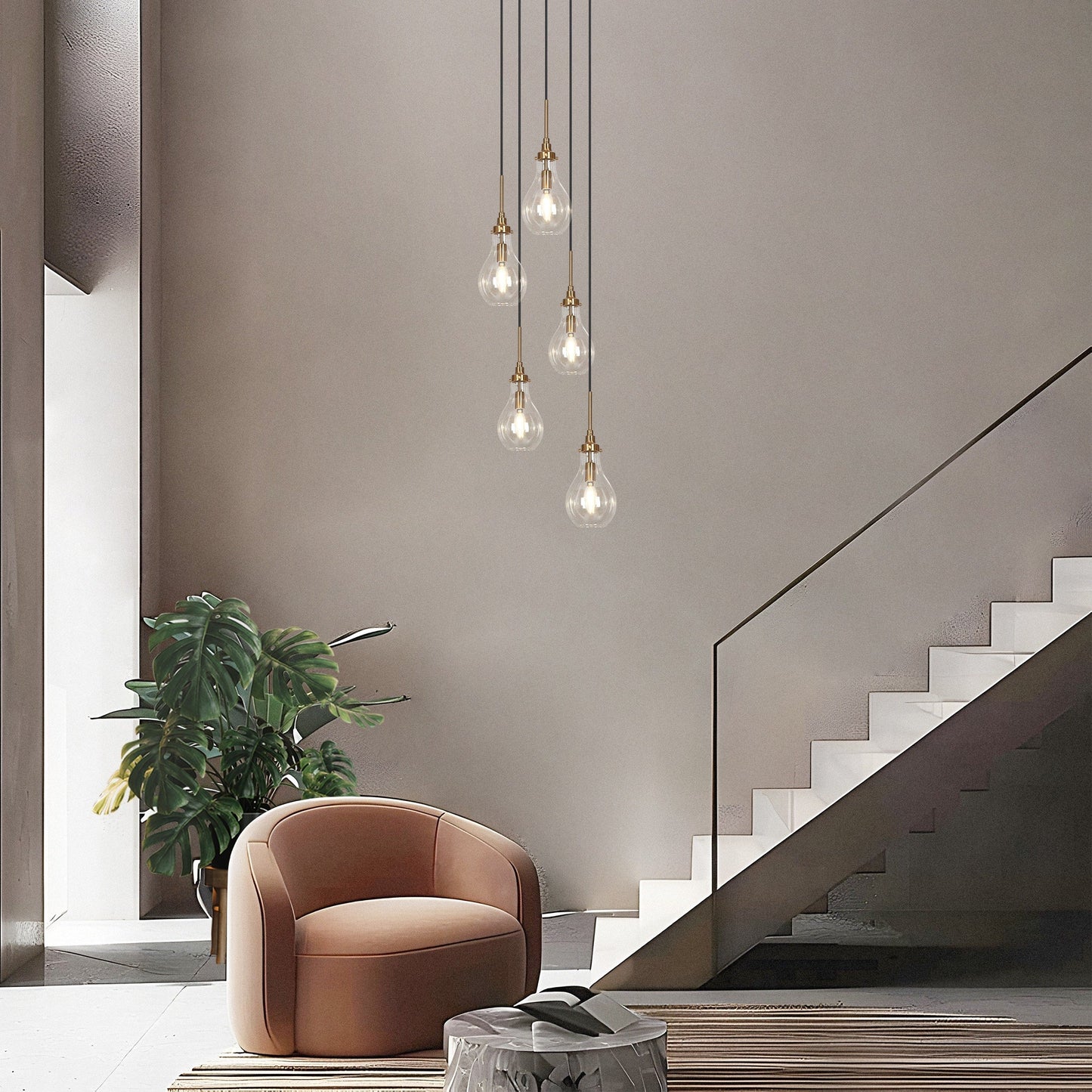 Synia Modern 5-Light Cluster Teardrop Glass Chandelier Stair Entryway Pendant Light for High Ceiling - D15'' x H18.2-74.2''