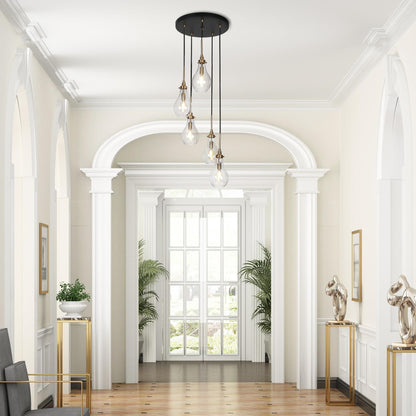Synia Modern 5-Light Cluster Teardrop Glass Chandelier Stair Entryway Pendant Light for High Ceiling - D15'' x H18.2-74.2''