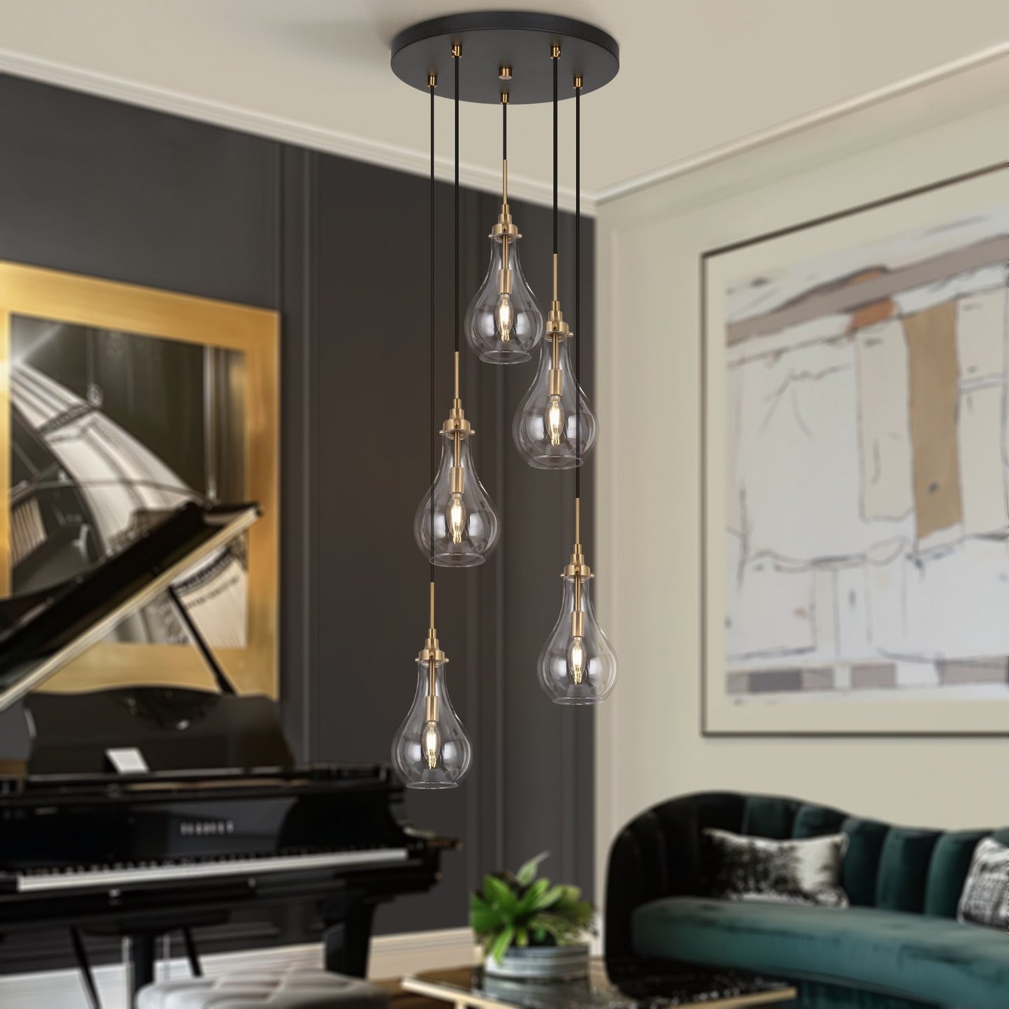 Synia Modern 5-Light Cluster Teardrop Glass Chandelier Stair Entryway Pendant Light for High Ceiling - D15'' x H18.2-74.2''