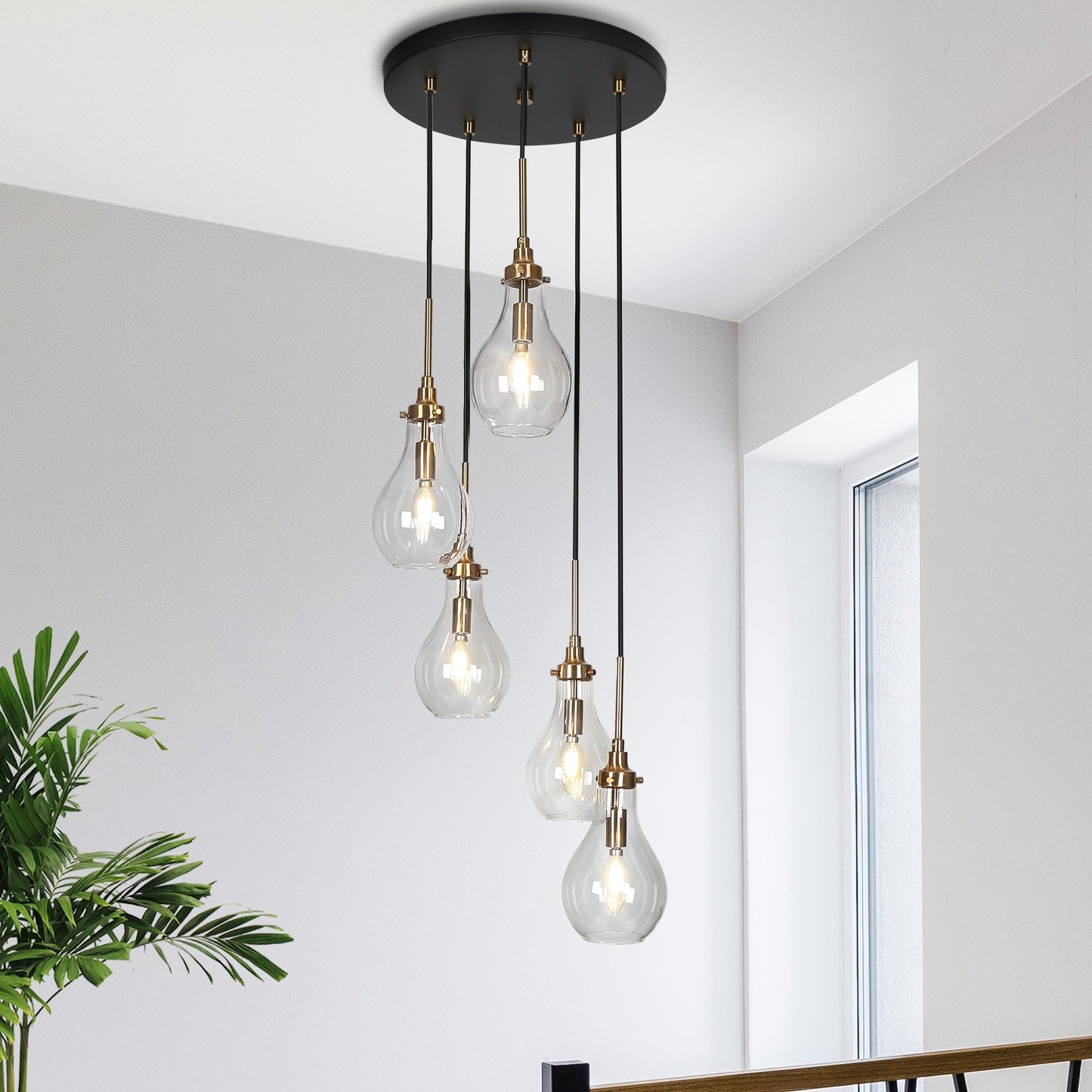 Synia Modern 5-Light Cluster Teardrop Glass Chandelier Stair Entryway Pendant Light for High Ceiling - D15'' x H18.2-74.2''