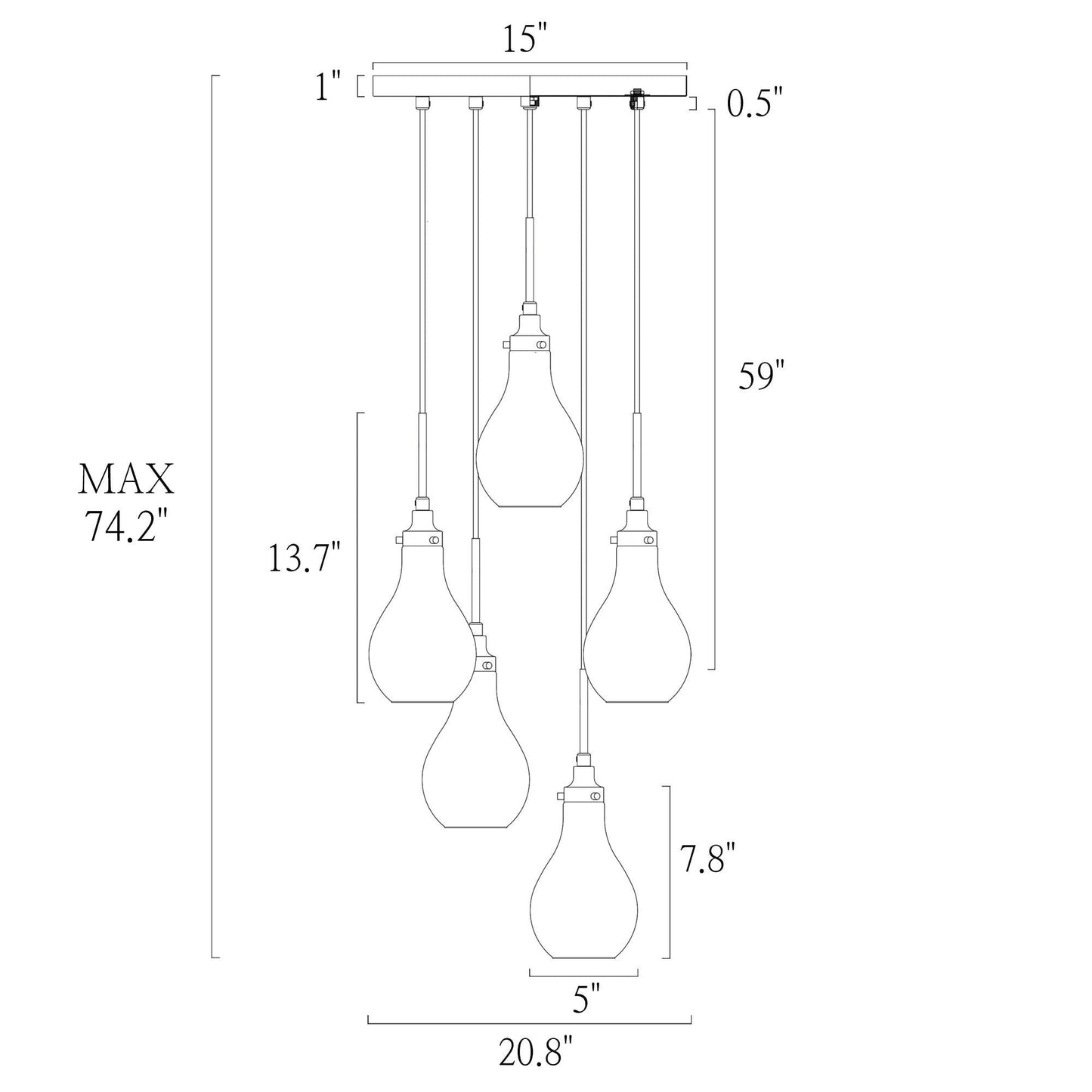 Synia Modern 5-Light Cluster Teardrop Glass Chandelier Stair Entryway Pendant Light for High Ceiling - D15'' x H18.2-74.2''
