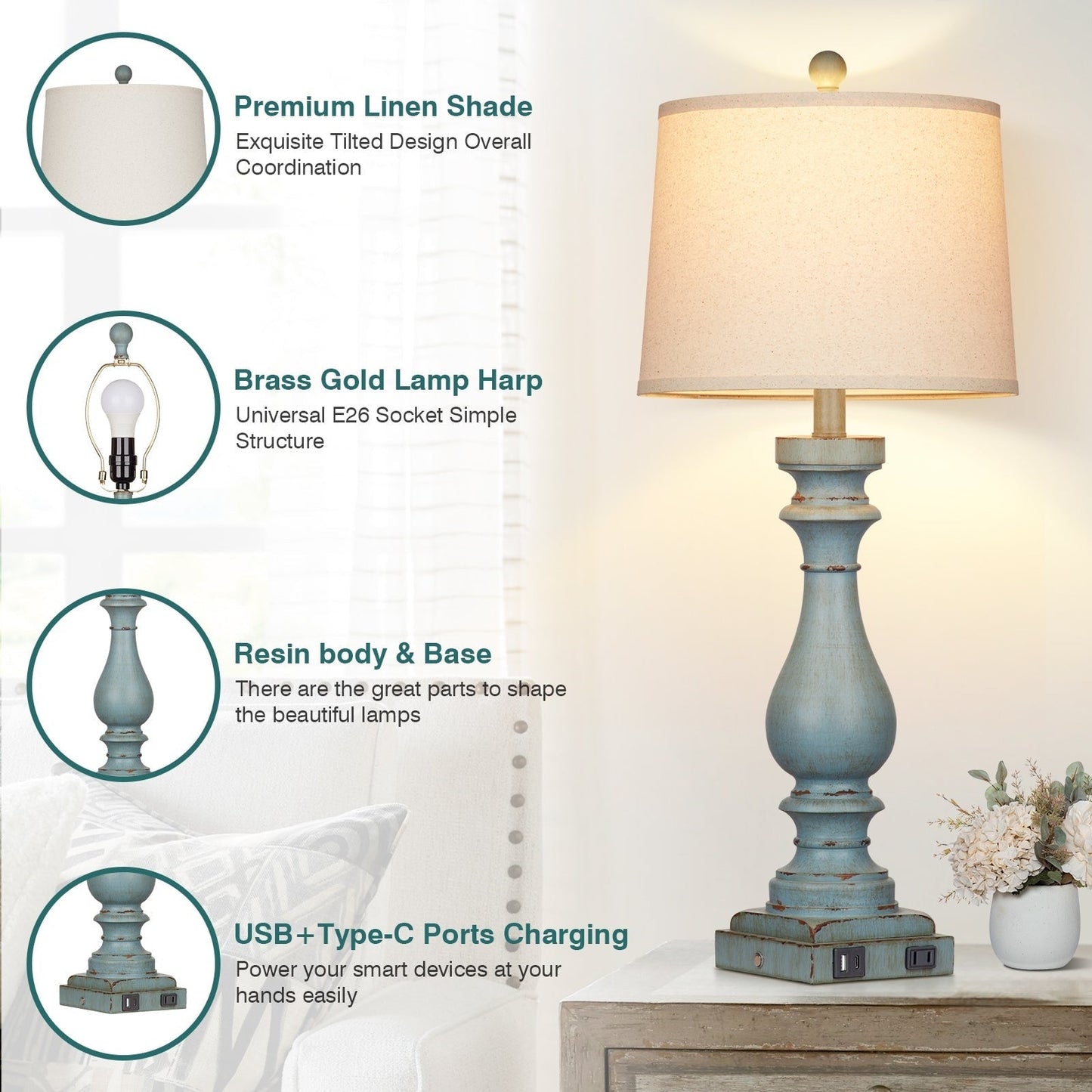 Table Lamp Blue Resin Drop Style Tilted Shade 3-Way Dimming Touch Switch USB Type-C Charging Ports AC Outlet No Strobe(Set of 2)