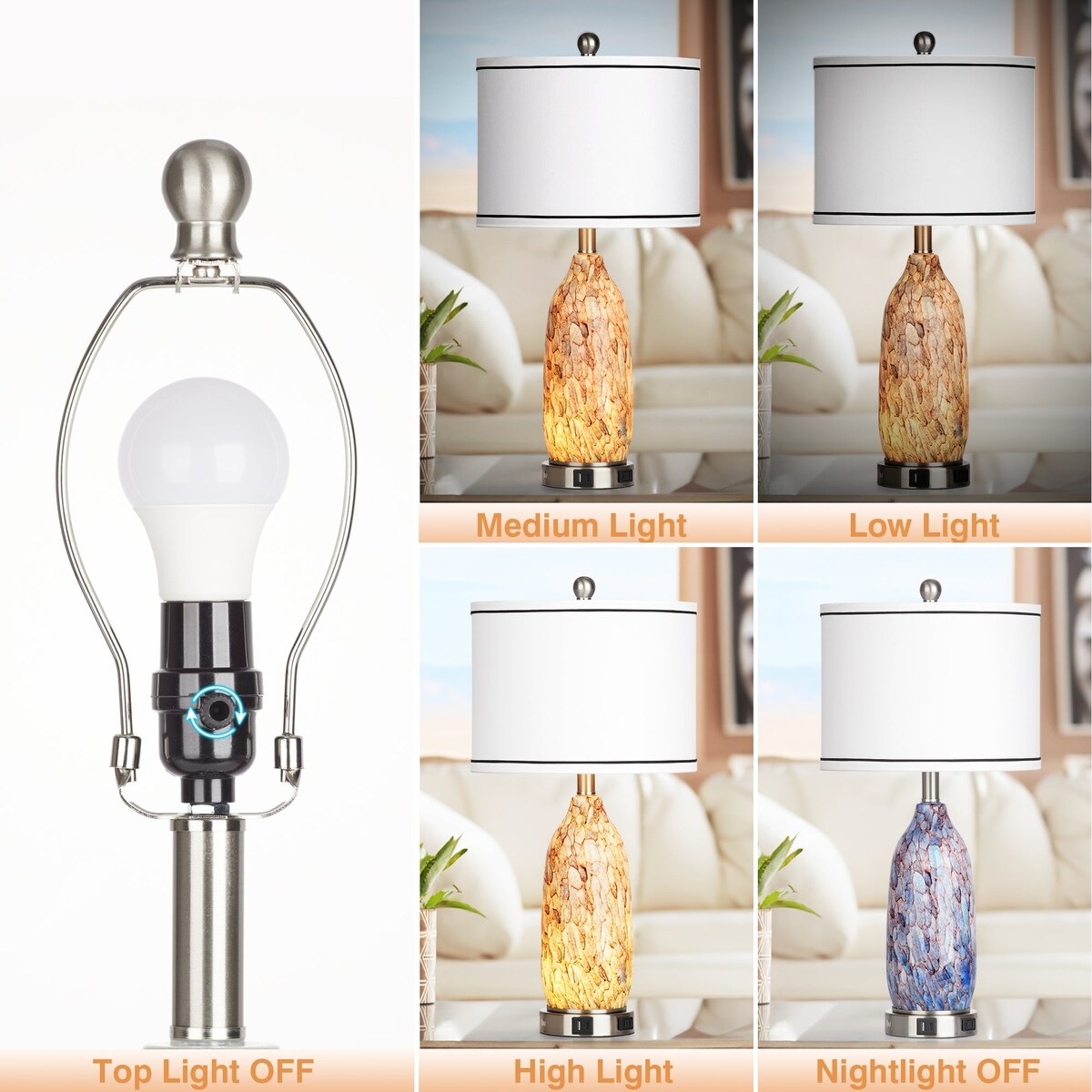 Table Lamp with Nightlight 2in1 Indigo Glass Lamp Body Charging Ports AC Outlet Drum Shade Touch Dimming Switch(Set of 2)
