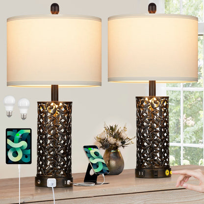 Black with Gold Metal Table Lamps Nightlight 2in1 USB Ports AC Outlet Touch Switch (Set of 2)