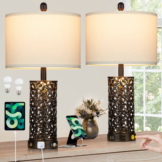 Black with Gold Metal Table Lamps Nightlight 2in1 USB Ports AC Outlet Touch Switch (Set of 2)