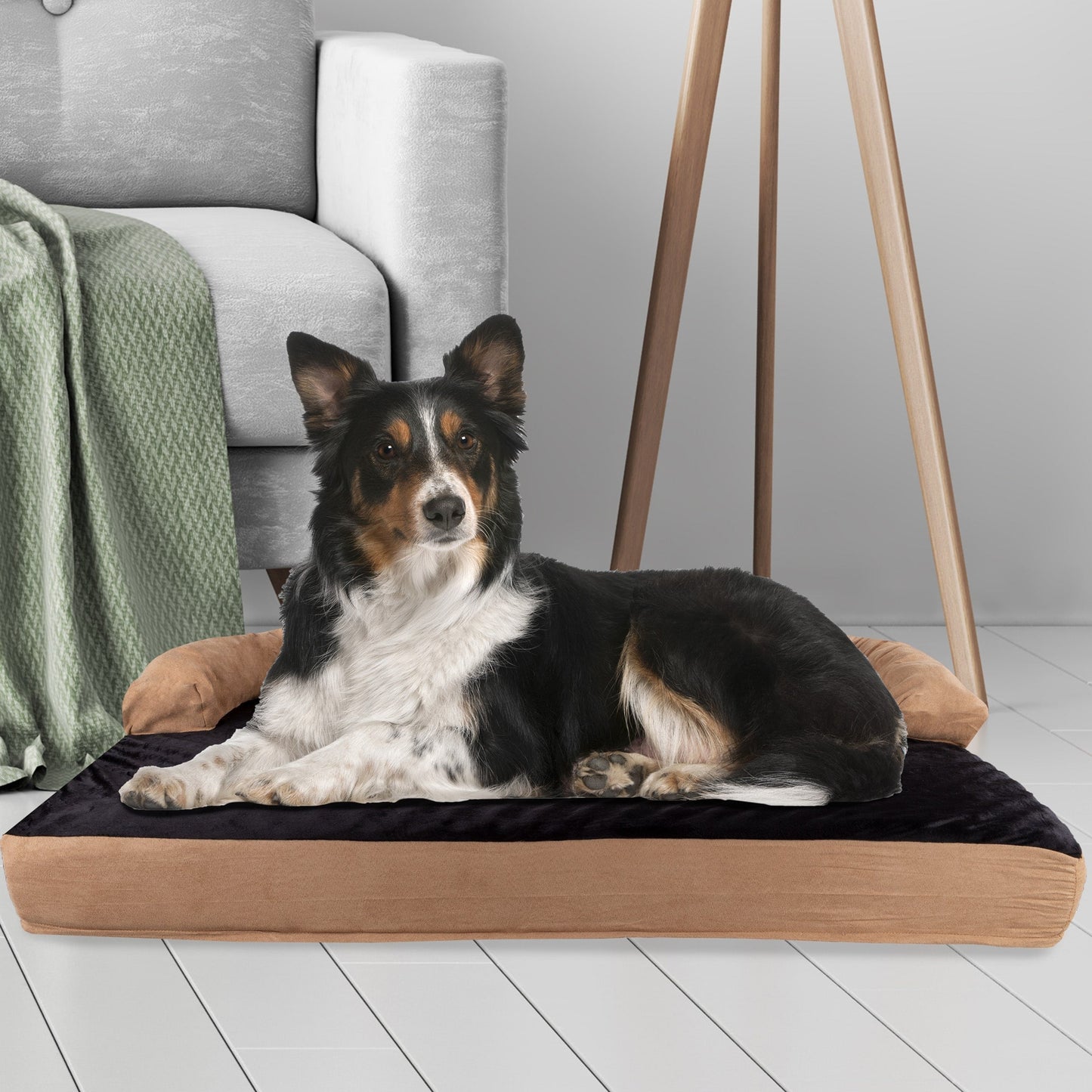 Tan/Black Pet Bed - 3-Layer Orthopedic Dog Sofa with Cooling Gel, Memory Foam and Neck Bolster