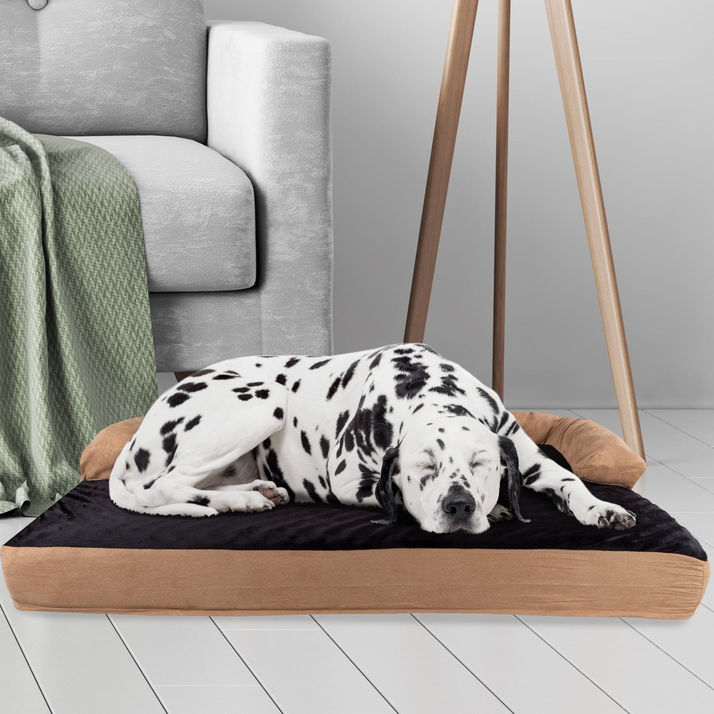 Tan/Black Pet Bed - 3-Layer Orthopedic Dog Sofa with Cooling Gel, Memory Foam and Neck Bolster