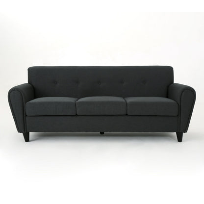 Canapé Tiya, dossier capitonné, assises carrées, revêtement en tissu gris, 200 cm