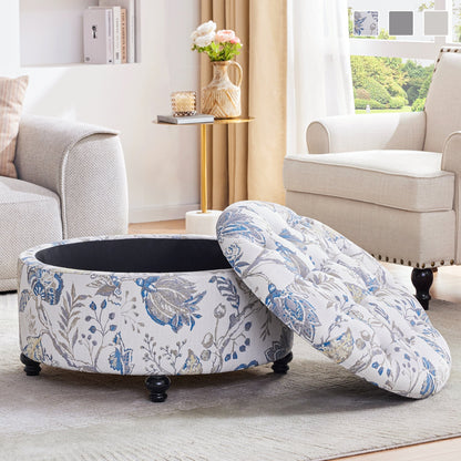 Tufted Large Round Storage Ottoman Footrest Beige/ Grey/ Blue