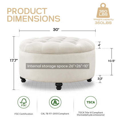 Tufted Large Round Storage Ottoman Footrest Beige/ Grey/ Blue