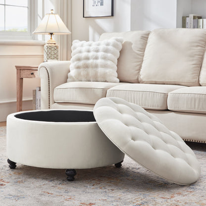 Tufted Large Round Storage Ottoman Footrest Beige/ Grey/ Blue