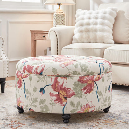 Tufted Large Round Storage Ottoman Footrest Beige/ Grey/ Blue