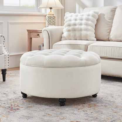 Tufted Large Round Storage Ottoman Footrest Beige/ Grey/ Blue