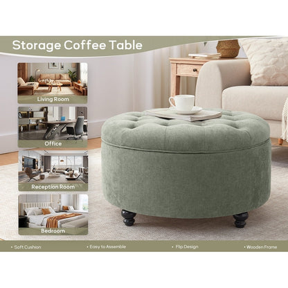 Tufted Large Round Storage Ottoman Footrest Beige/ Grey/ Blue