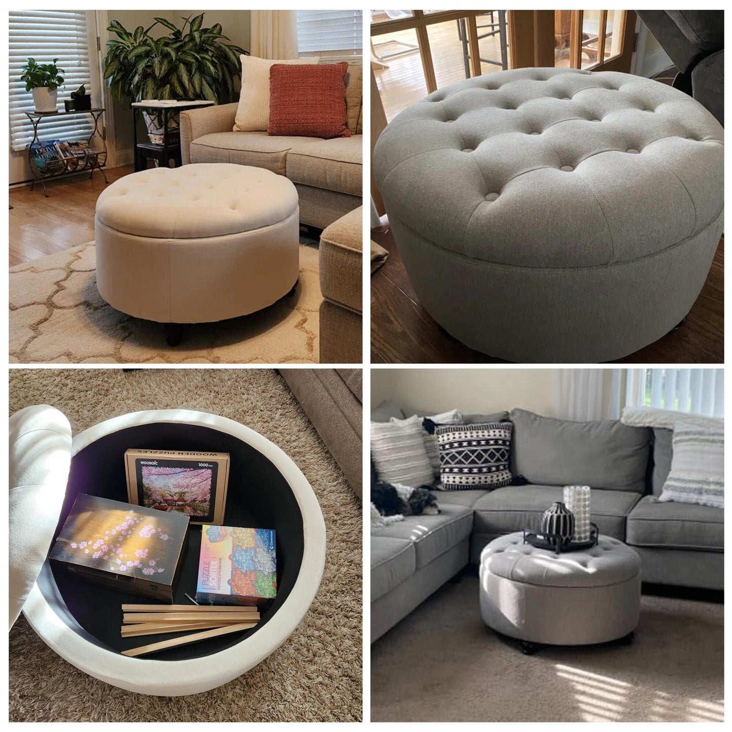 Tufted Large Round Storage Ottoman Footrest Beige/ Grey/ Blue