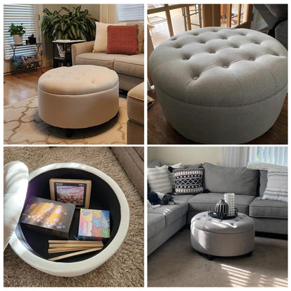 Tufted Large Round Storage Ottoman Footrest Beige/ Grey/ Blue