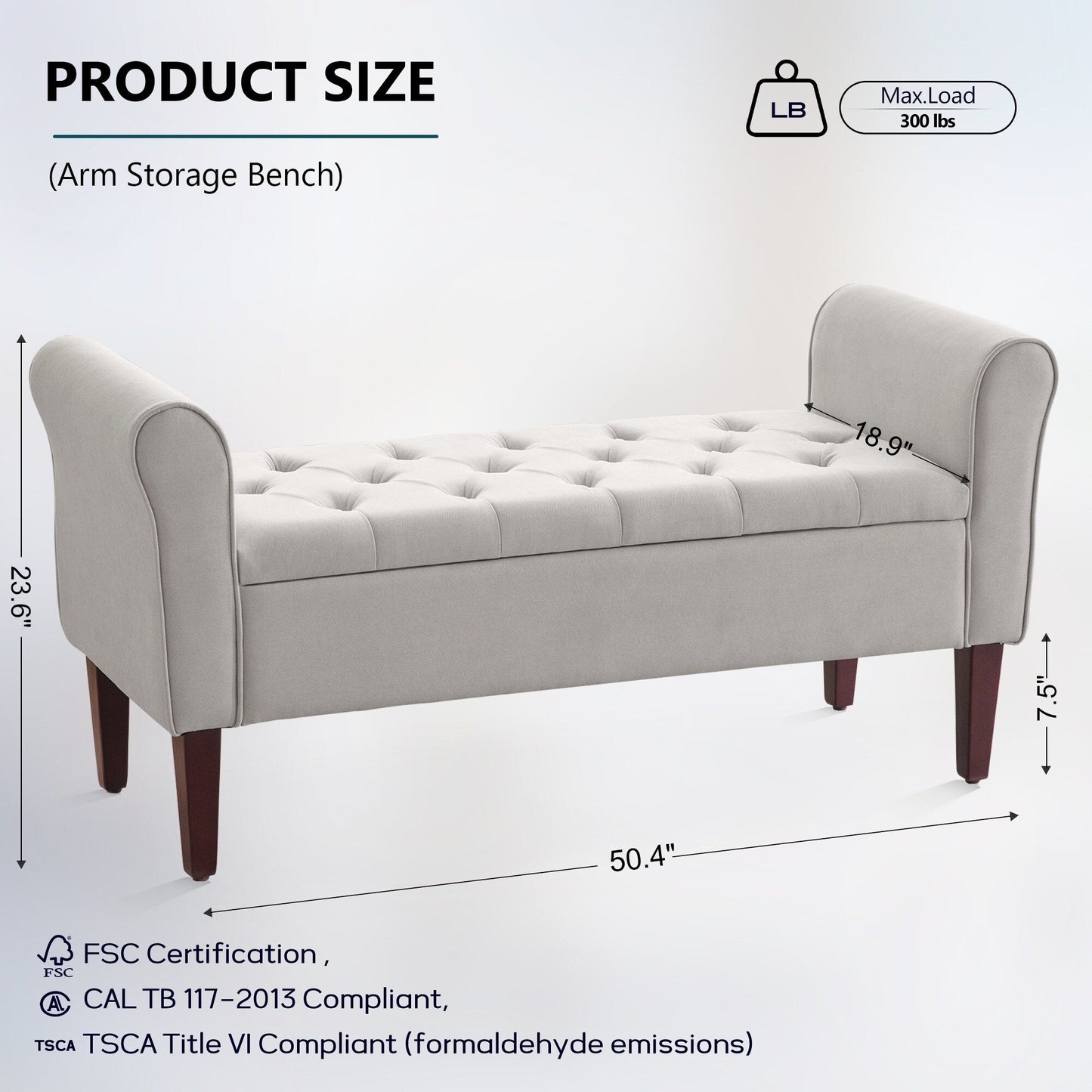 Upholstered Storage Bench Arm Bench Entryway Bench with Tufted Flip Top 50.4 Inches
