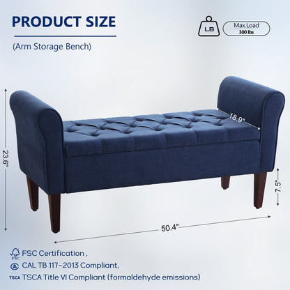 Upholstered Storage Bench Arm Bench Entryway Bench with Tufted Flip Top 50.4 Inches