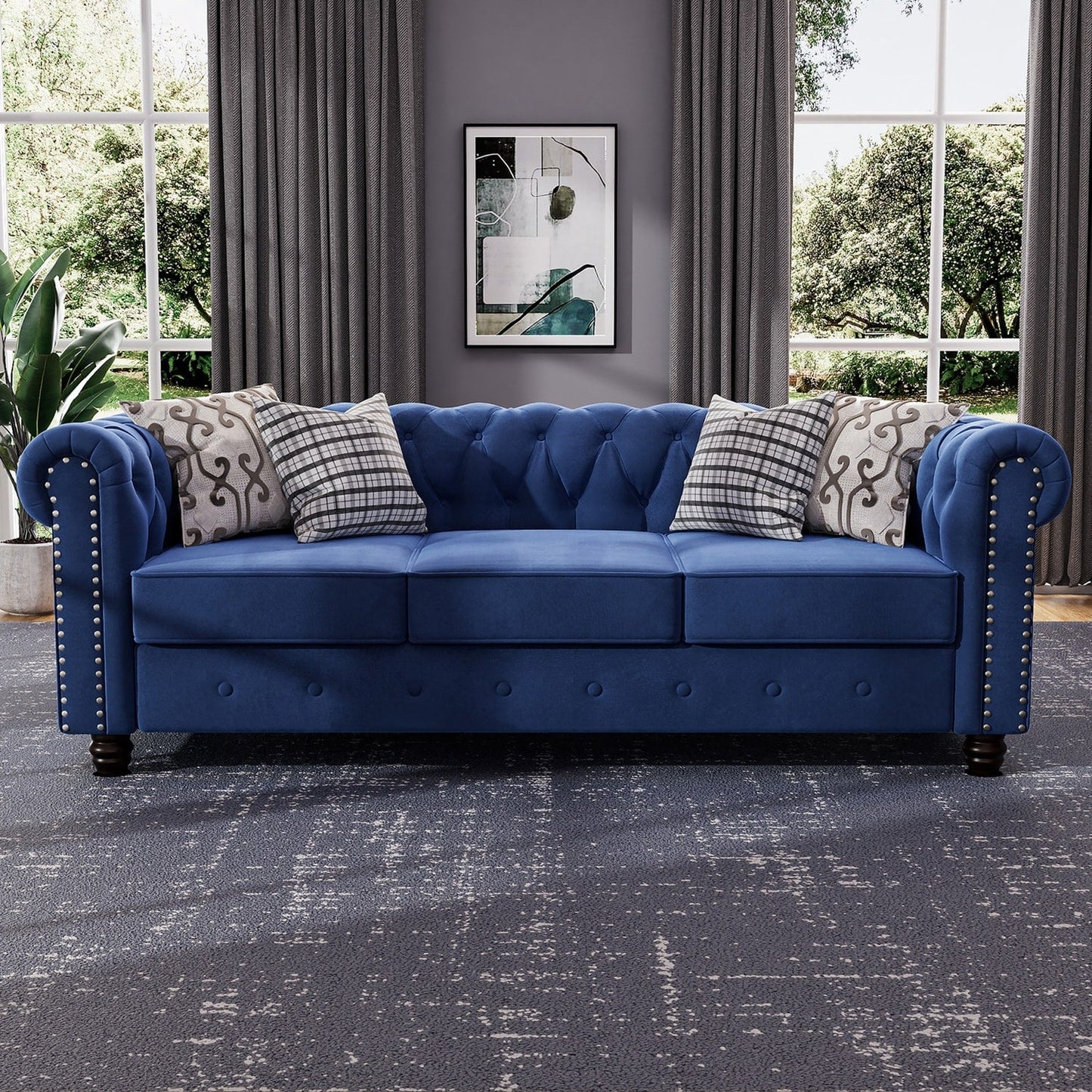 Canapé Chesterfield rembourré en velours Morden Fort avec tête de clou et pieds solides pour le salon