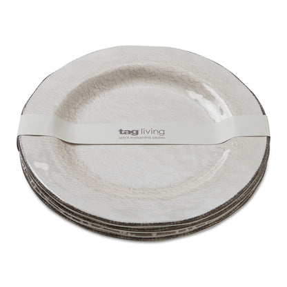10.75 in. Veranda Cracked Glazed Solid Melamine Plastic Dinnerware Plates Set of 4 Dishwasher Safe Indoor Outdoor Ivory