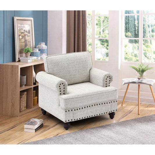 Canapé 1 place moderne blanc rembourré de 94 cm avec éponges hautement élastiques et garniture cloutée