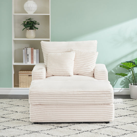 Fauteuil-canapé simple rembourré en velours côtelé blanc 39,37 po avec pouf et porte-gobelet pour le salon